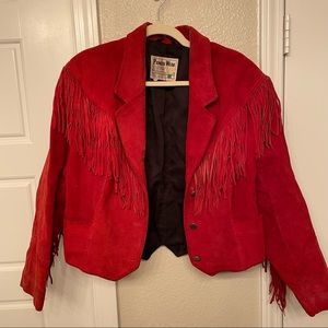 red cropped moto jacket with fringe